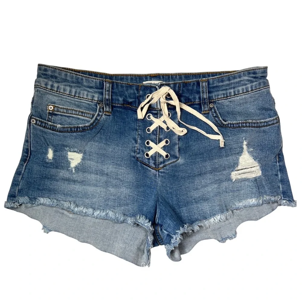Billabong Womens Lace Up Front Distressed Denim Shorts Medium Wash Blue Size‎ 26